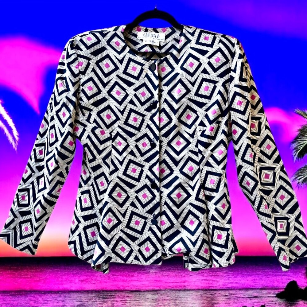 Vtg 80s Chetta B Neiman Marcus Geometric Silk Blouse Jacket Button Up 12